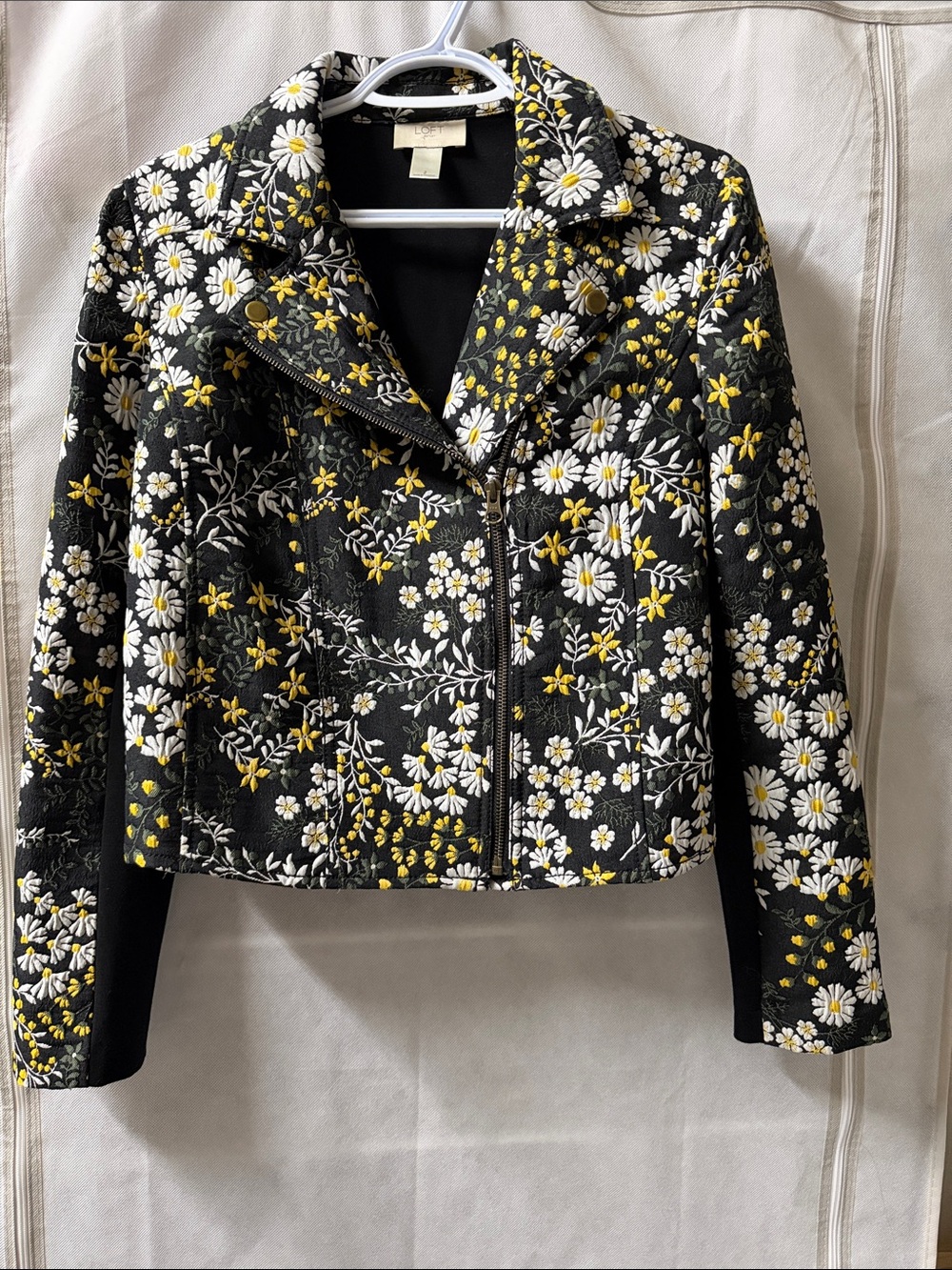 LOFT Black Quilted Floral Moto Jacket with White & Yellow Flowers